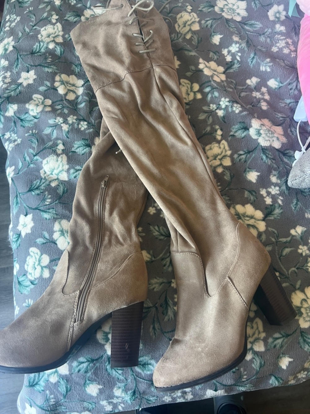 Women's Taupe Over-the-Knee Heeled Boots - Classic Suede Look